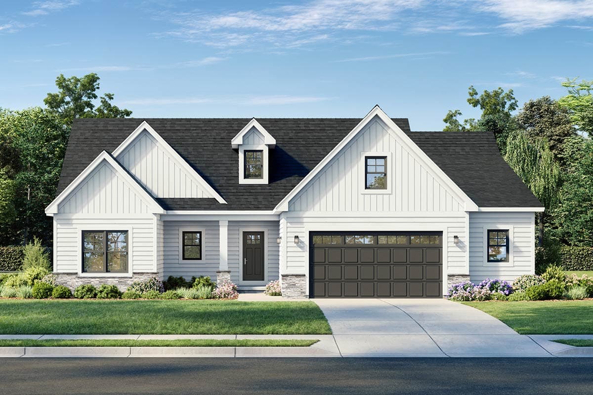 House plan exterior. A one-story Modern Farmhouse with gable roof, dormer, and attached garage. Features include board and batten siding.