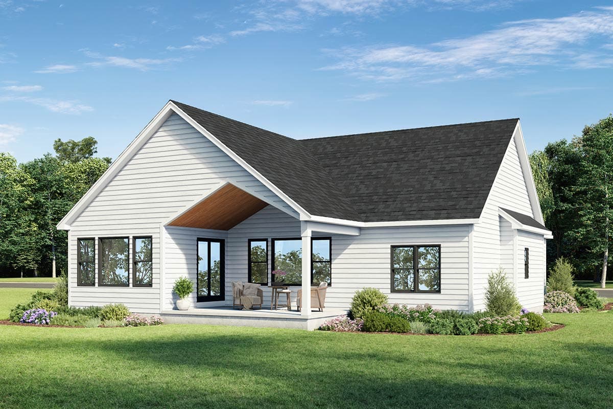 House plan exterior: Ranch style, one story, white siding, covered porch with wood ceiling, gabled roofline.