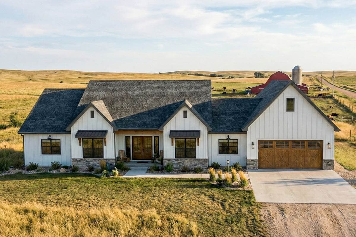 House plan exterior. Modern farmhouse-style home with multiple gables, covered porch, and attached garage. Stone accents and board-and-batten siding.