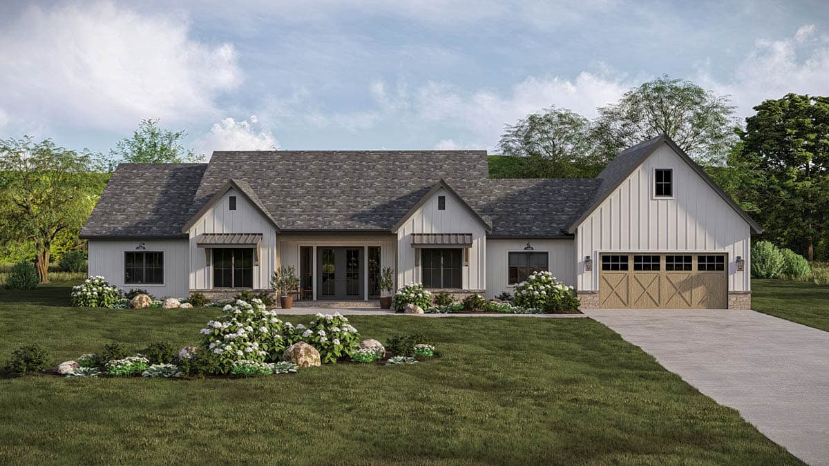 Modern Farmhouse house plan exterior with white board and batten siding, gables, a covered entry, and a two-car side-entry garage.