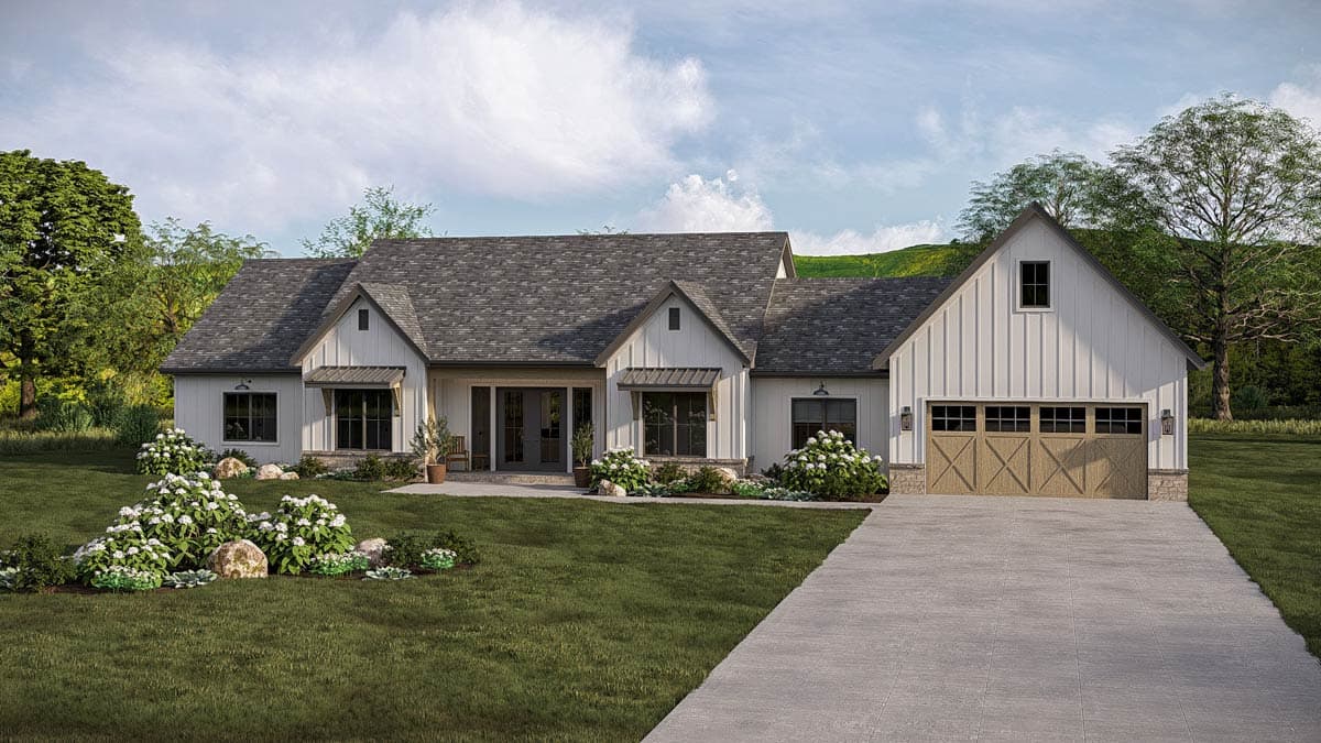 Modern Farmhouse house plan exterior with board and batten siding, gable roofs, covered entry, and two-car garage.