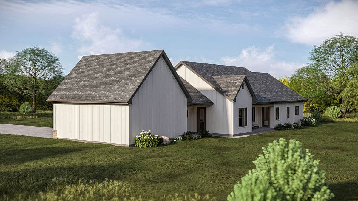 Modern Farmhouse house plan exterior, one story, with gabled rooflines, board and batten siding, and attached garage.