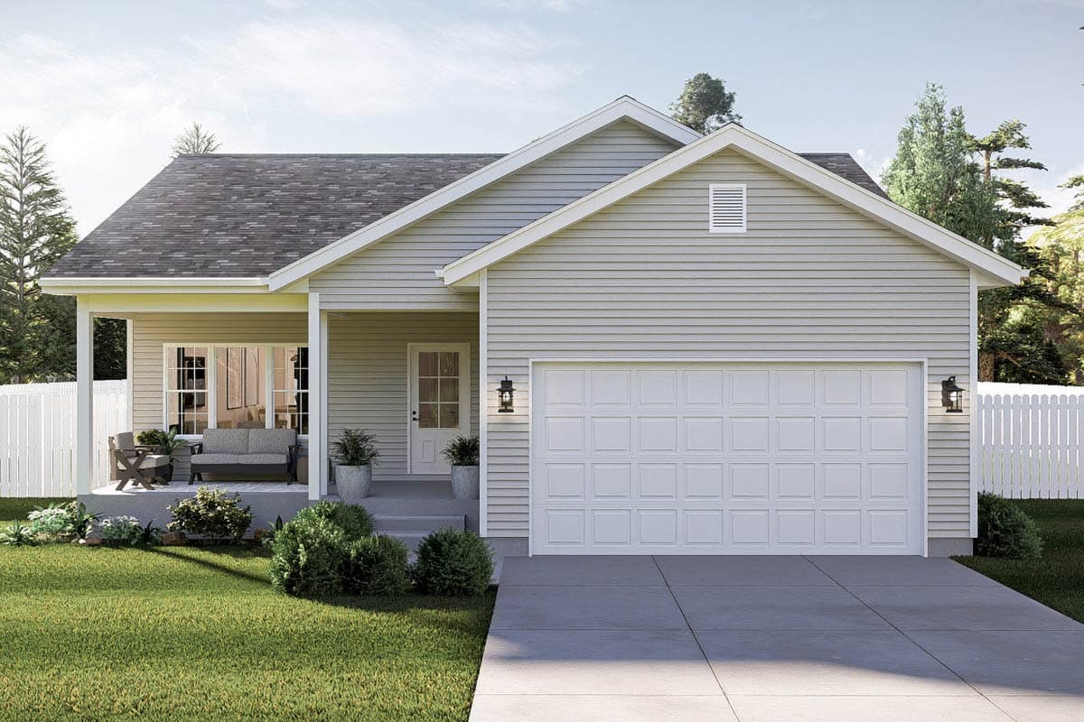 House plan exterior. Ranch style with a front-facing, two-car garage. Features include a covered porch, gabled roof, and light siding.