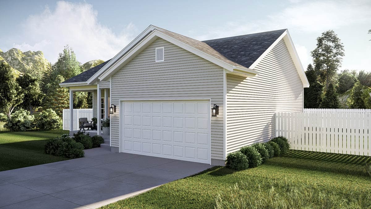 House plan exterior: One-story Modern Farmhouse with vinyl siding, a two-car garage, and a covered front porch.