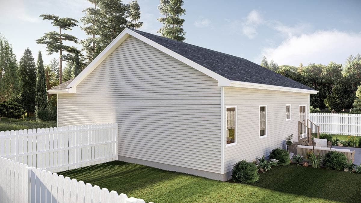House plan exterior: one-story home with vinyl siding, pitched roof, and white picket fence.