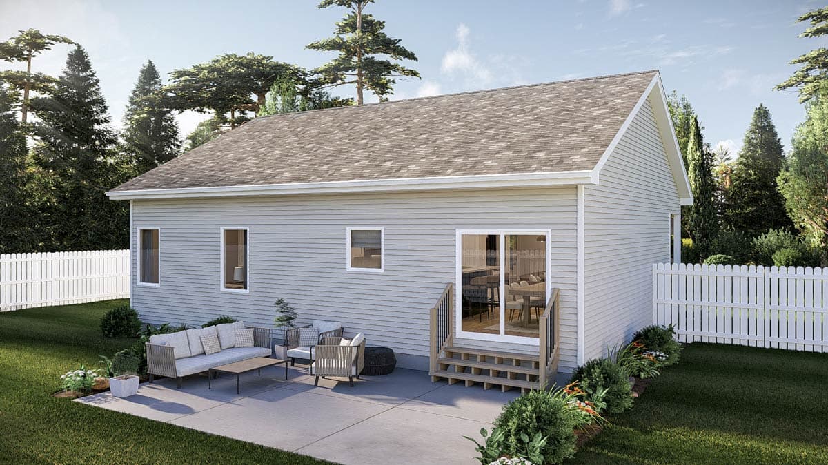 House plan exterior of a one-story home with vinyl siding, gable roof, and a sliding glass door leading to a patio.