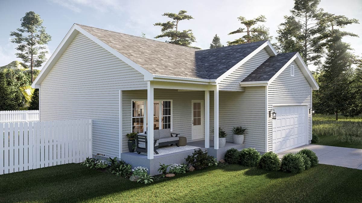 House plan exterior: one-story Modern Farmhouse with covered front porch, gabled roof, and attached garage.