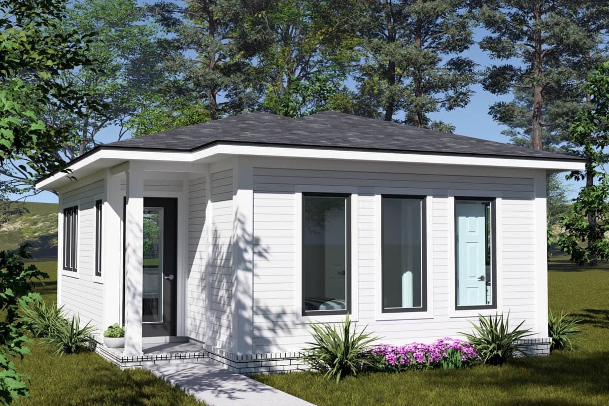 House plan exterior. One-story structure with a flat roof. Features include a covered entry, vertical siding, and multiple large windows.