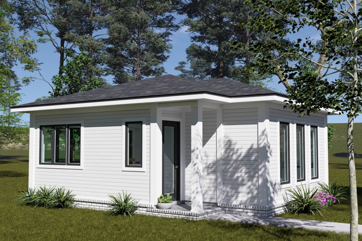 House plan exterior: Single-story modern home with a covered entry porch, horizontal siding, and multiple large windows.
