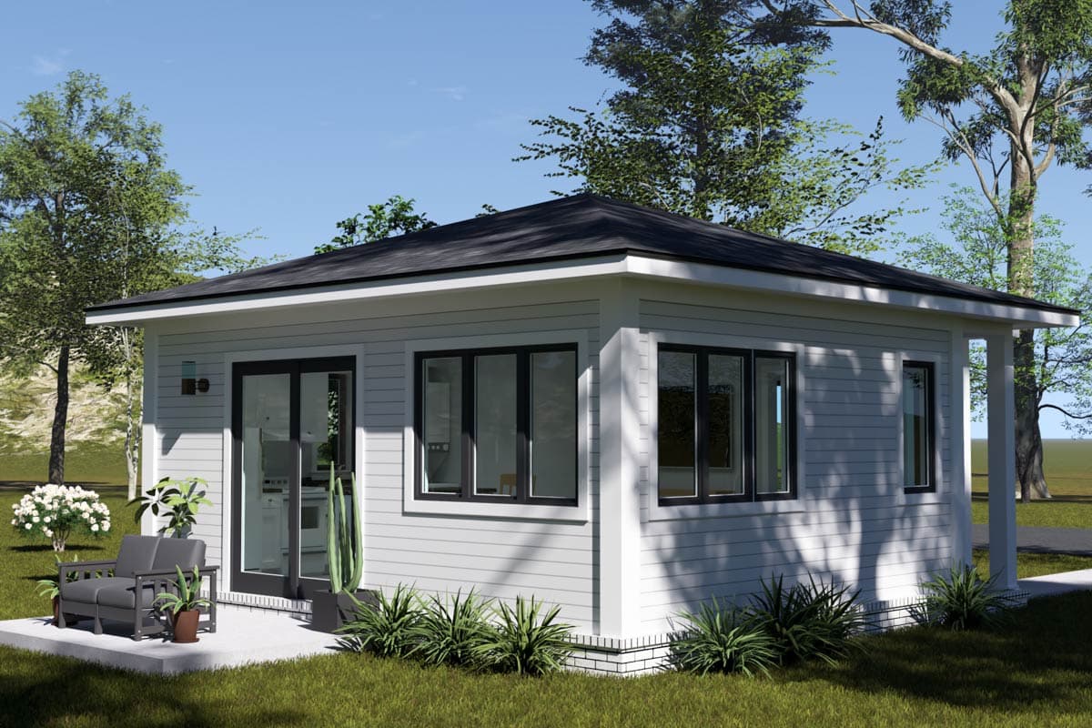 Modern single-story house plan exterior with horizontal siding, hip roof, and black-framed windows.