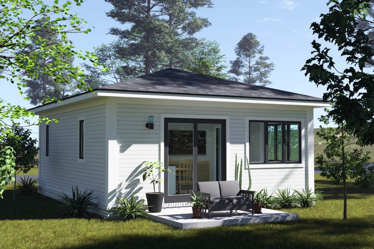 House plan exterior rendering of a single-story modern home with horizontal siding, a hip roof, and a sliding glass door.