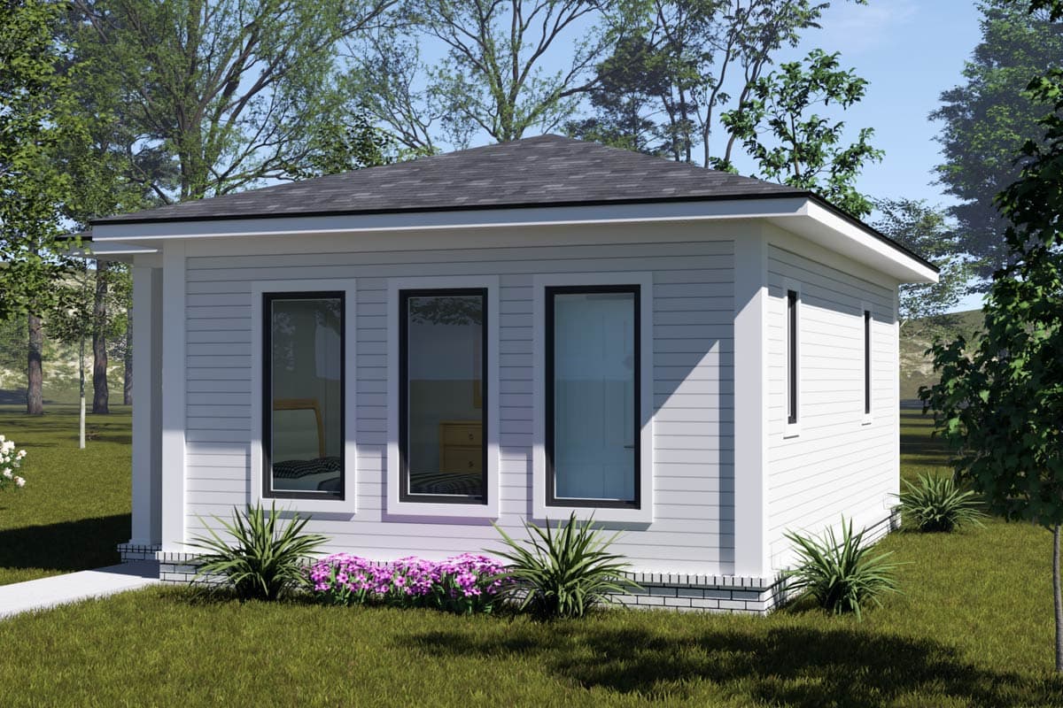 House plan exterior, one story, modern style, featuring horizontal siding, a gable roof, and large rectangular windows.
