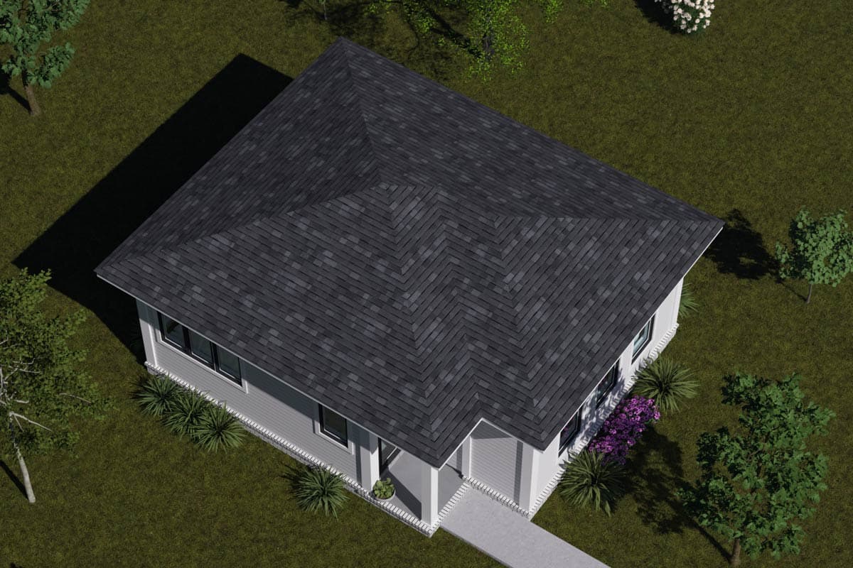 House plan exterior view of a one-story home with a prominent gable roof, visible windows, and a covered front entrance.