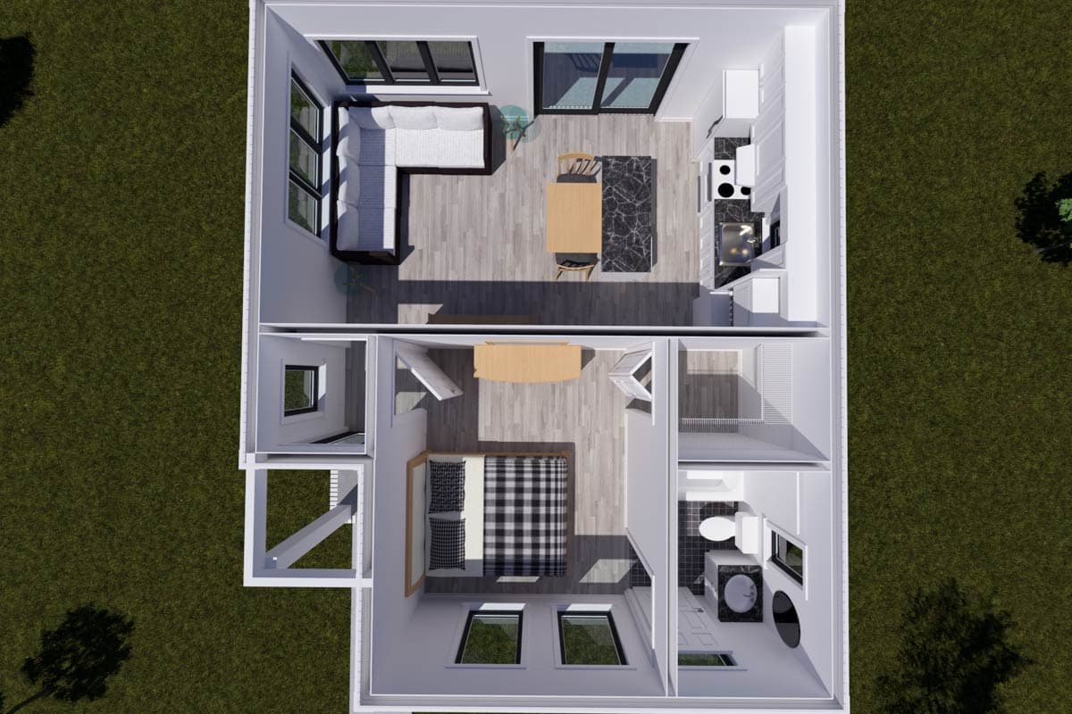 Aerial view of house plan showing living room with sectional sofa, kitchen with island, and bedroom with ensuite bathroom.