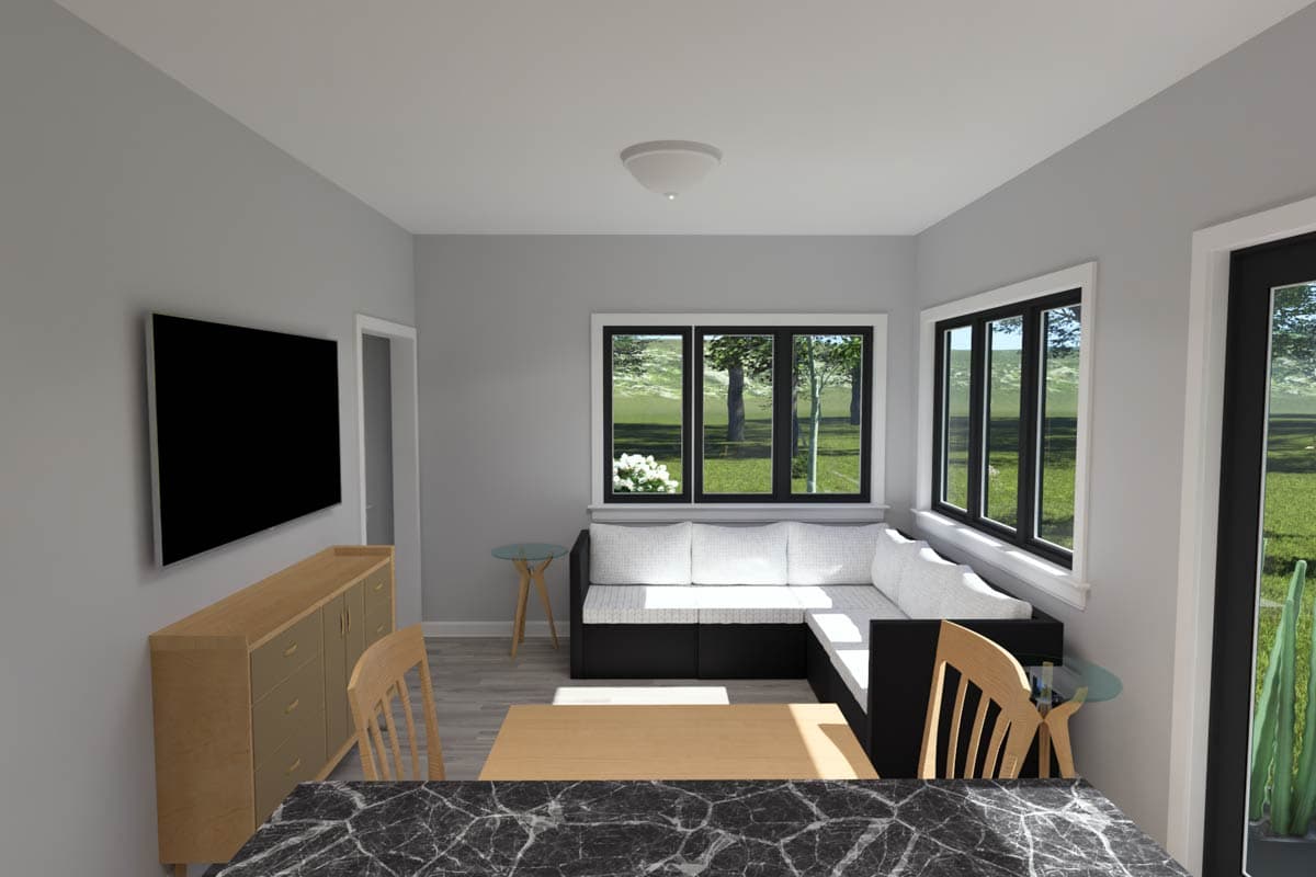 Interior rendering of a living area with sectional sofa, TV, credenza, dining table, and large windows overlooking a yard.