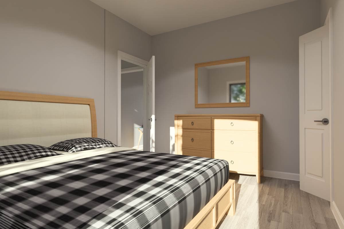 Bedroom interior rendering with bed, dresser, mirror, and open doorway to hallway. Natural light streams in.