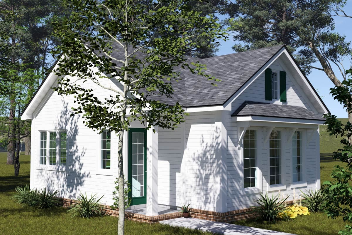 House plan exterior: white 1-story cottage with green door, gabled roof, dormer, and bay windows.
