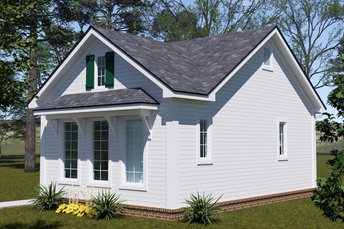 House plan exterior: White sided, 1.5-story home with a dormer, decorative gable vent, and covered porch.