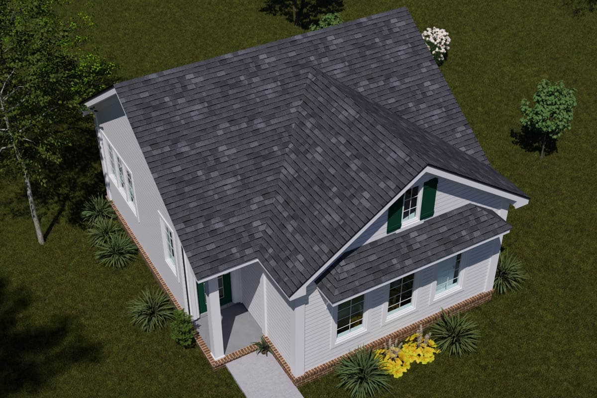 House plan exterior rendering: two-story home with a covered front porch, gabled dormer with green shutters, and asphalt shingle roof.