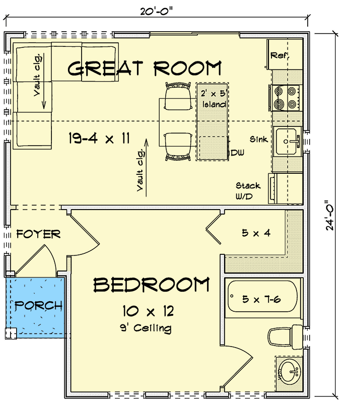 Plan 52519WM: Efficient 448 Square Foot One-Bedroom Traditional Cottage House Plan - Floor Plan - Main Level - Cottage, Traditional