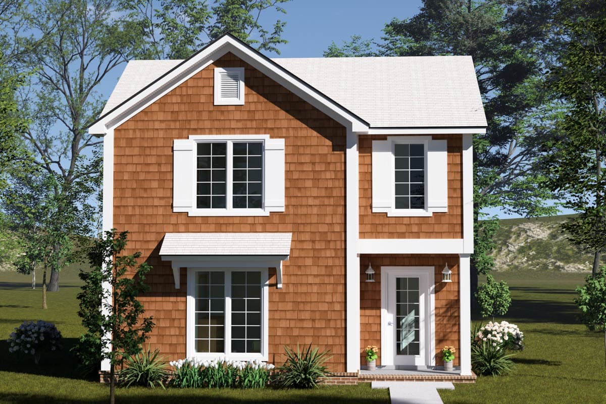 House plan exterior. Two-story home with a gabled roof, shake siding, and a small front porch. Includes white shutters and trim.