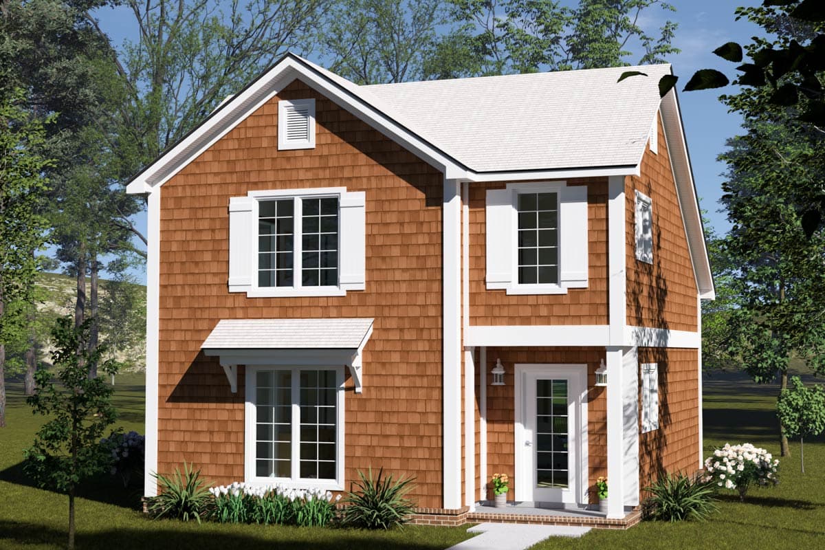 Two-story house plan exterior with shingle siding, prominent gable, awning over front window, and white shutters.