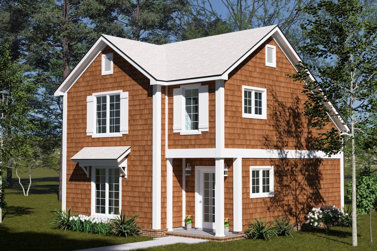 House plan exterior of a two-story home with wood shake siding, multiple gables, and a covered entrance.