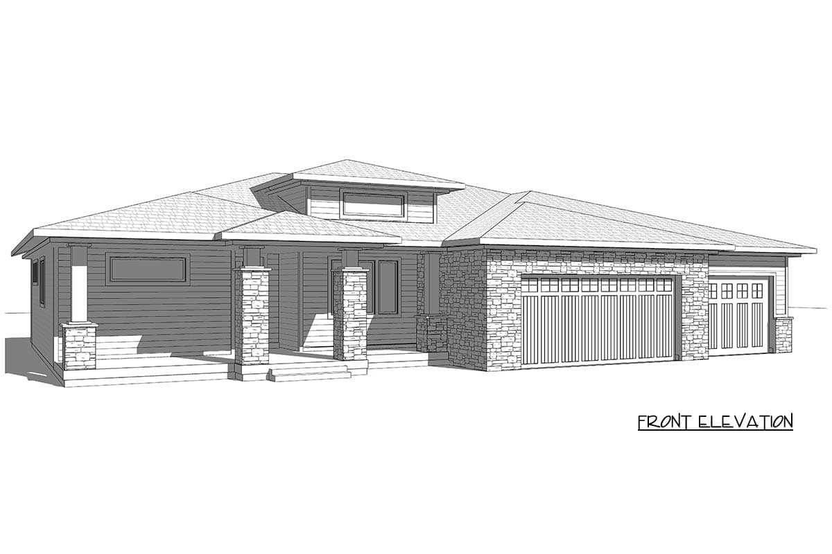 Front elevation drawing of a single-story house with a covered porch, stone accents, and a three-car garage.