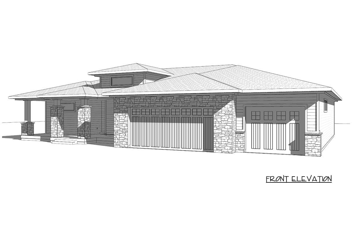 Front elevation of a single-story house plan featuring stone accents, a covered porch with stone columns, and a three-car garage.