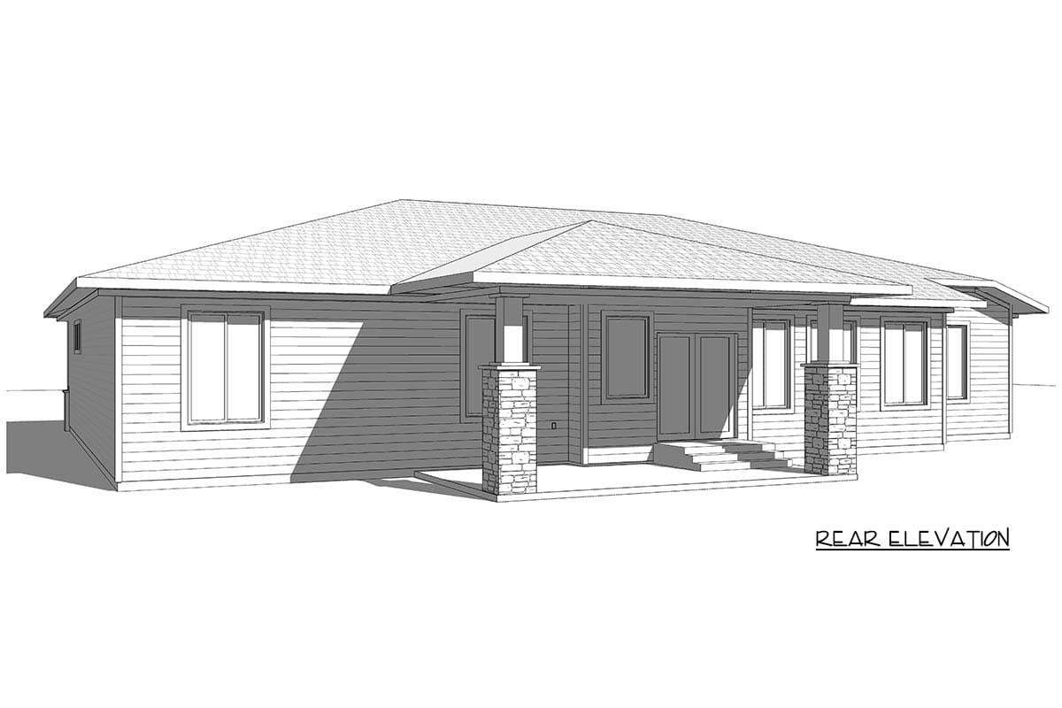 Rear elevation drawing of a single-story house with horizontal siding, dual patio doors, and stone-clad porch columns.