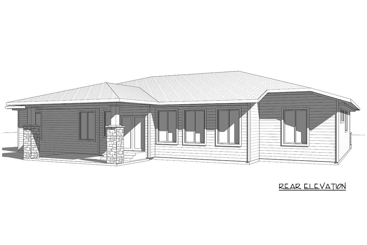 Rear elevation of a single-story house plan with a covered porch supported by stone pillars.