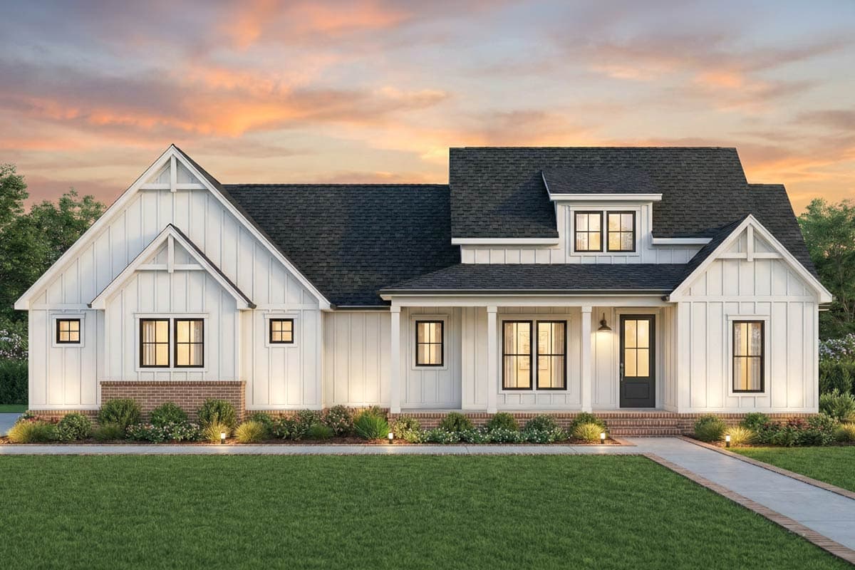 House plan exterior. Modern Farmhouse style, single story, with gables, dormer, and covered porch with columns. Black windows and door.