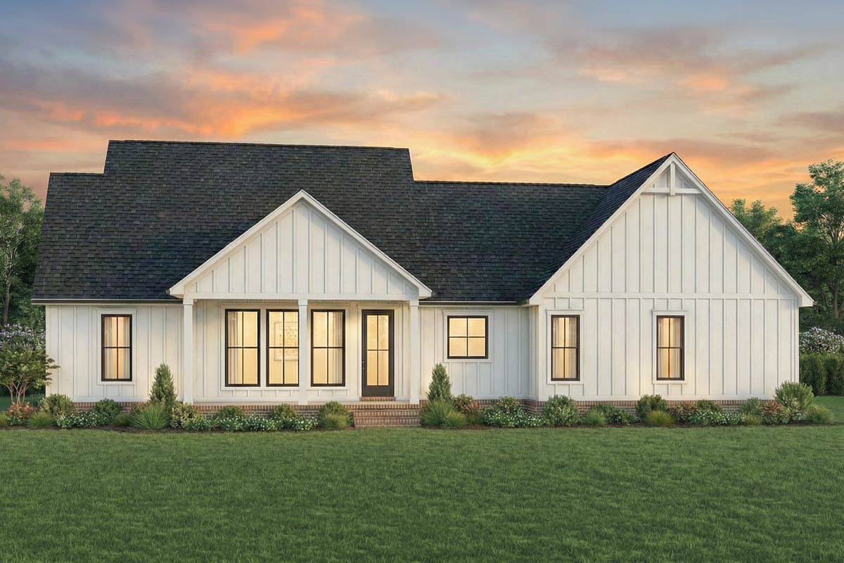 Modern Farmhouse house plan exterior with board and batten siding, covered porch, gables, and dark-framed windows.
