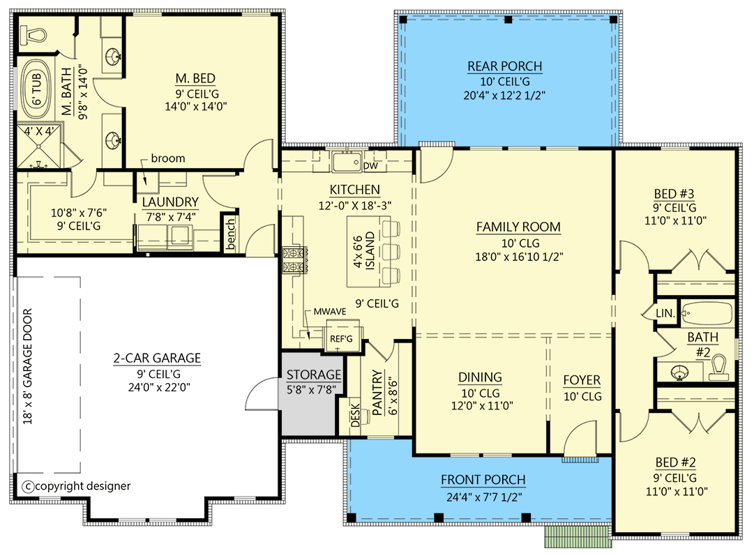 Plan 56567SM: 3-Bedroom Country Farmhouse House Plan with Large Rear Porch - Floor Plan - Main Level - Country, Farmhouse, Southern