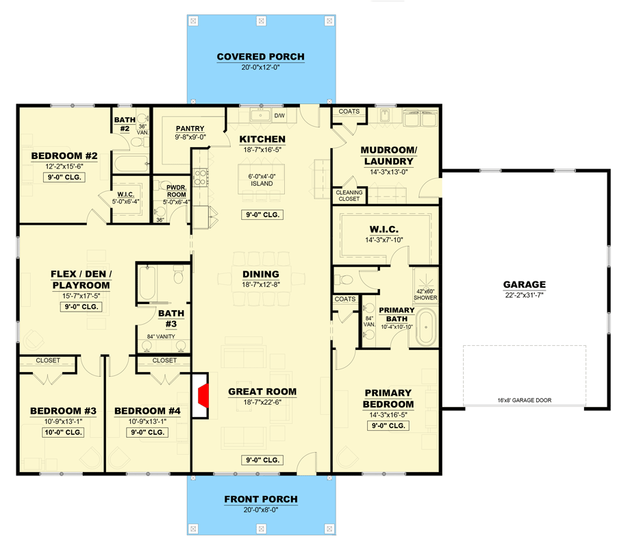 Plan 810057RBT: Modern Farmhouse Plan: 4 Beds, Split Layout, Private Workshop - Floor Plan - Main Level with Front Garage ($ Paid Option) - Country, Farmhouse, Modern Farmhouse, Ranch, Traditional
