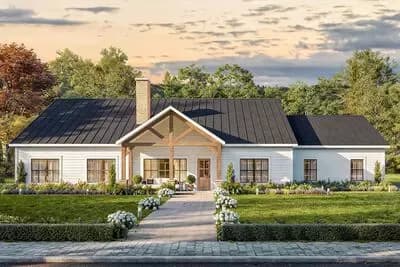Modern Farmhouse Plan: 4 Beds, Split Layout, Private Workshop