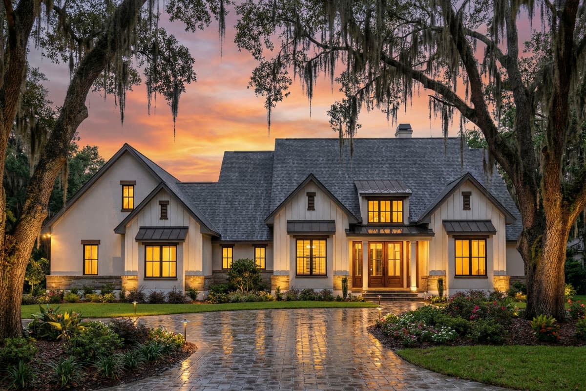House plan exterior. Two-story Modern Farmhouse with gabled roof, dormers, and a covered front porch. Features include a brick paver driveway.