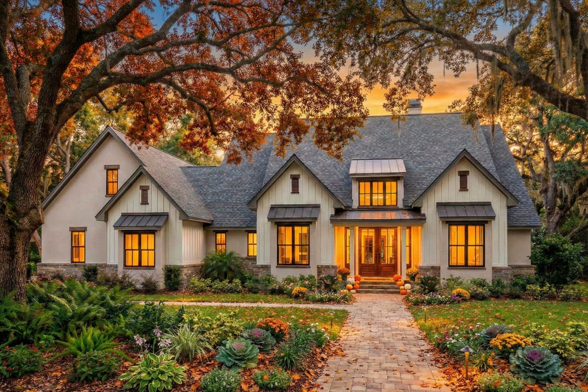 House plan exterior. Modern Farmhouse style with two stories, gabled rooflines, dormers, and a covered front porch.