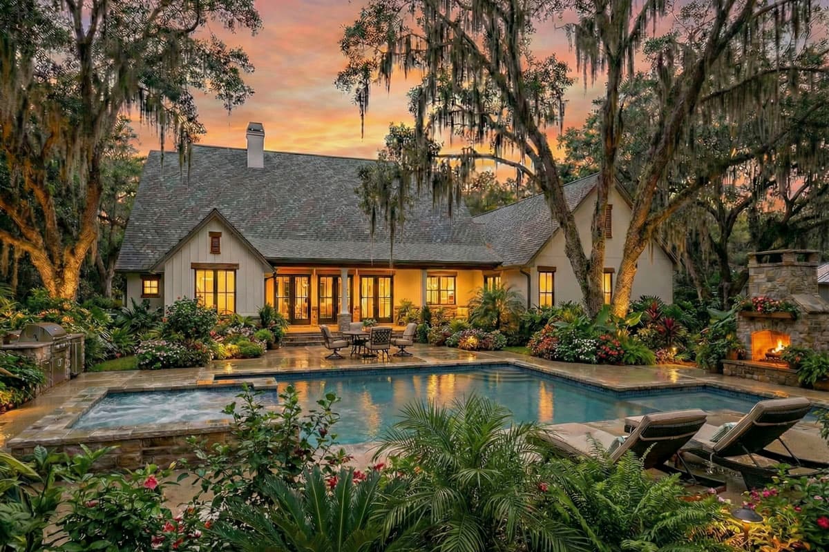 House plan exterior. Craftsman style, one-story home with gables and a covered porch. Features a swimming pool, stone fireplace, and lush landscaping.