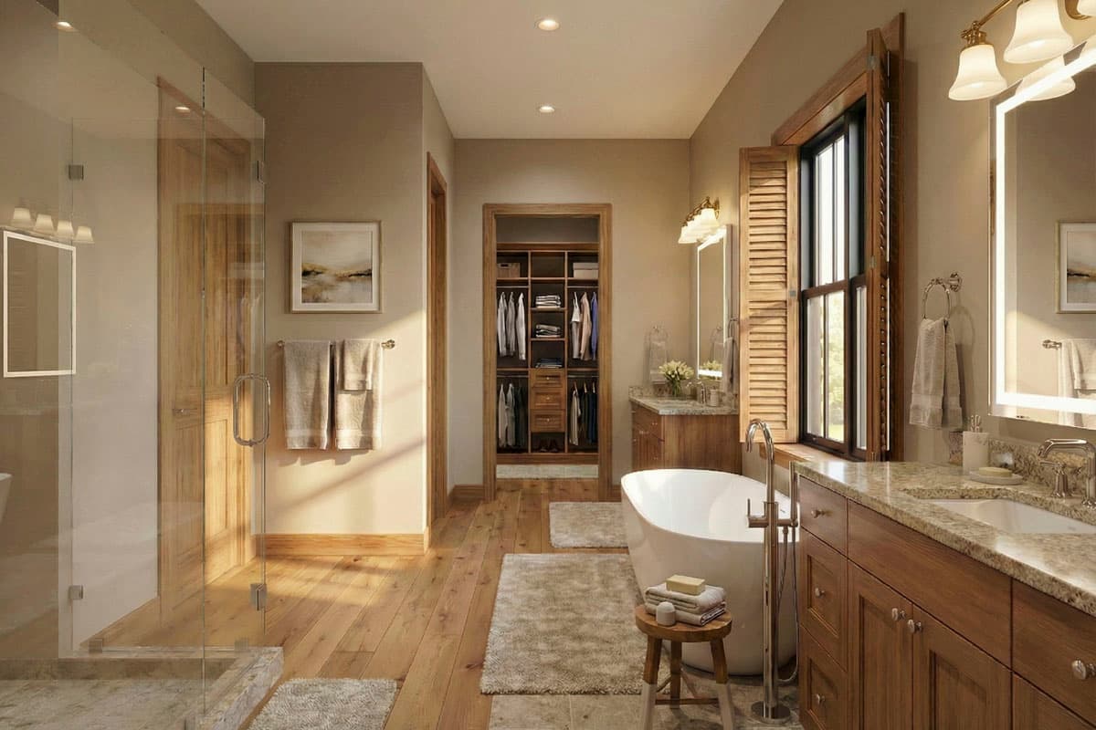 Bathroom rendering with a freestanding tub, glass-enclosed shower, wood cabinetry, walk-in closet, and natural light from window with shutters.