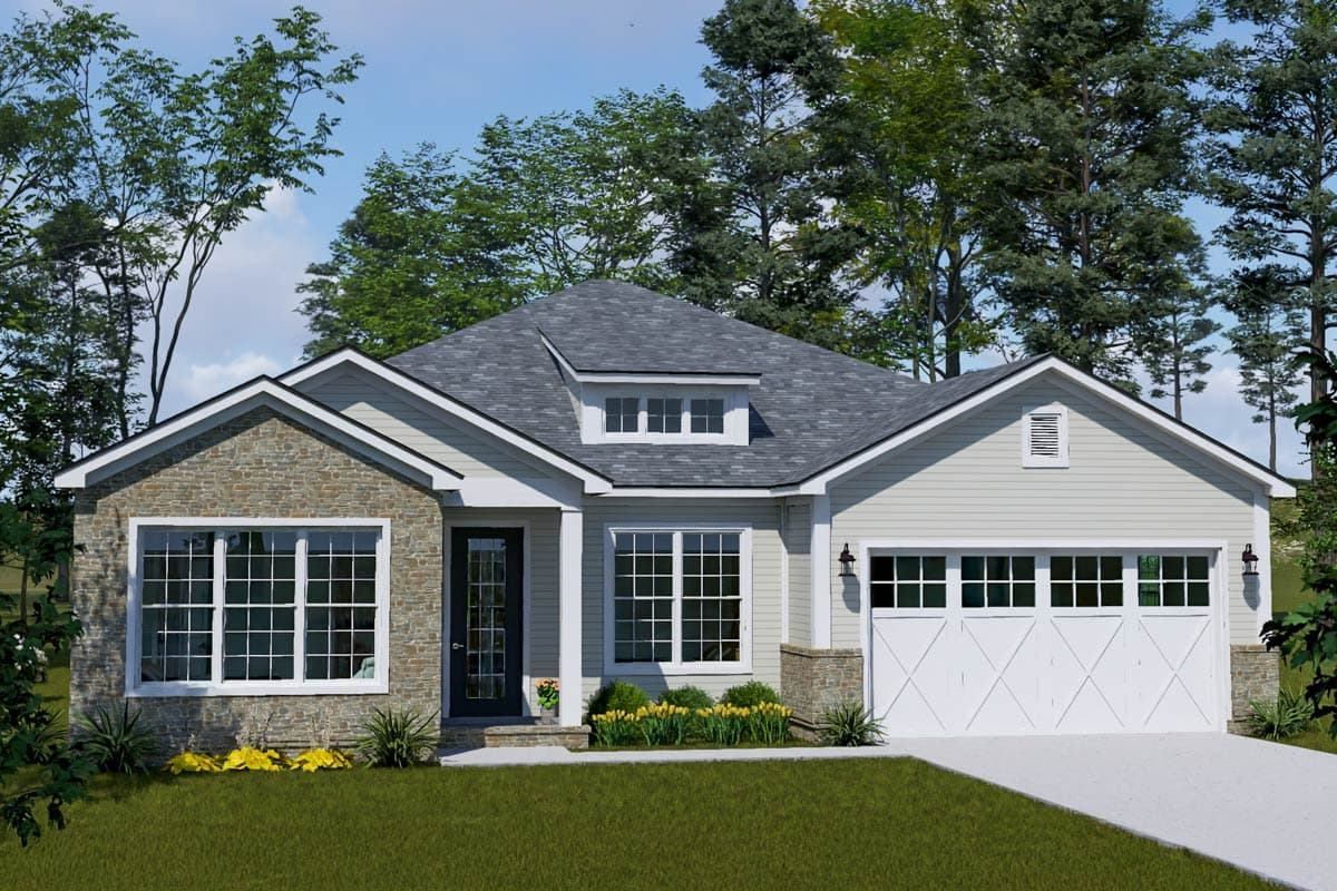 House plan exterior. Ranch style with stone accents, a gable roof, and attached garage. Includes a dormer and multiple windows.