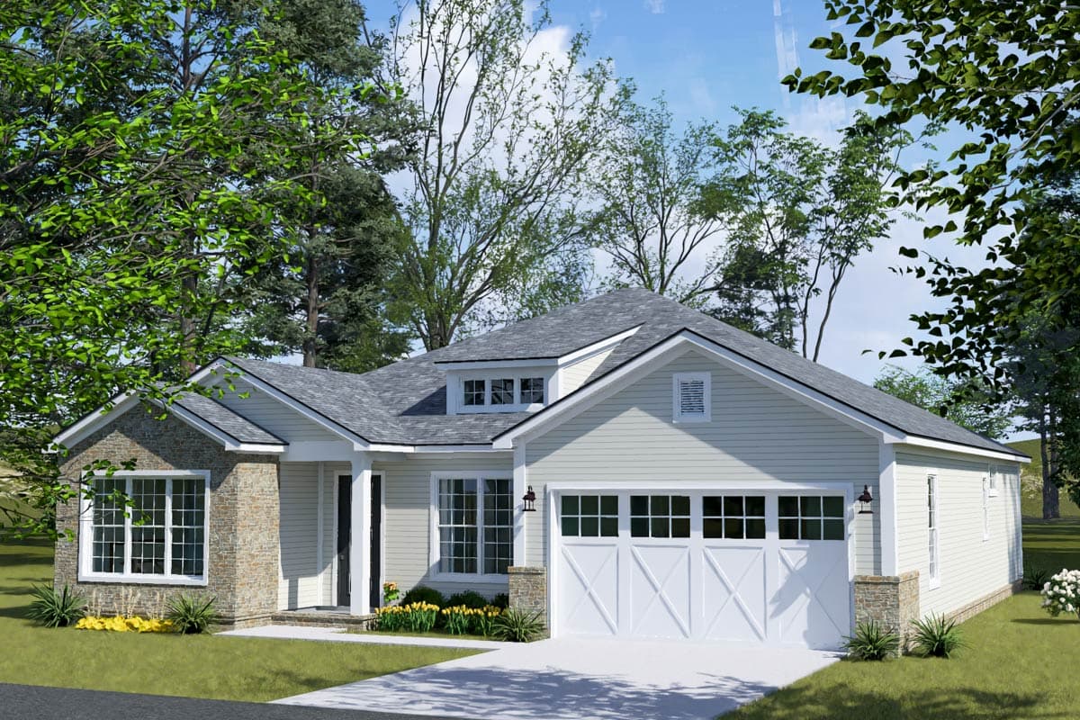 House plan exterior: Ranch style with stone accents, dormer, gabled entrance, and attached two-car garage.