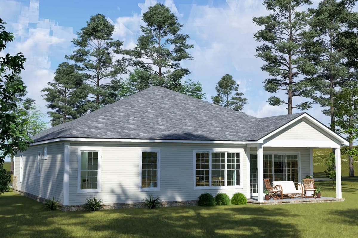Ranch style house plan exterior with a covered porch, gable roof, and multiple windows.