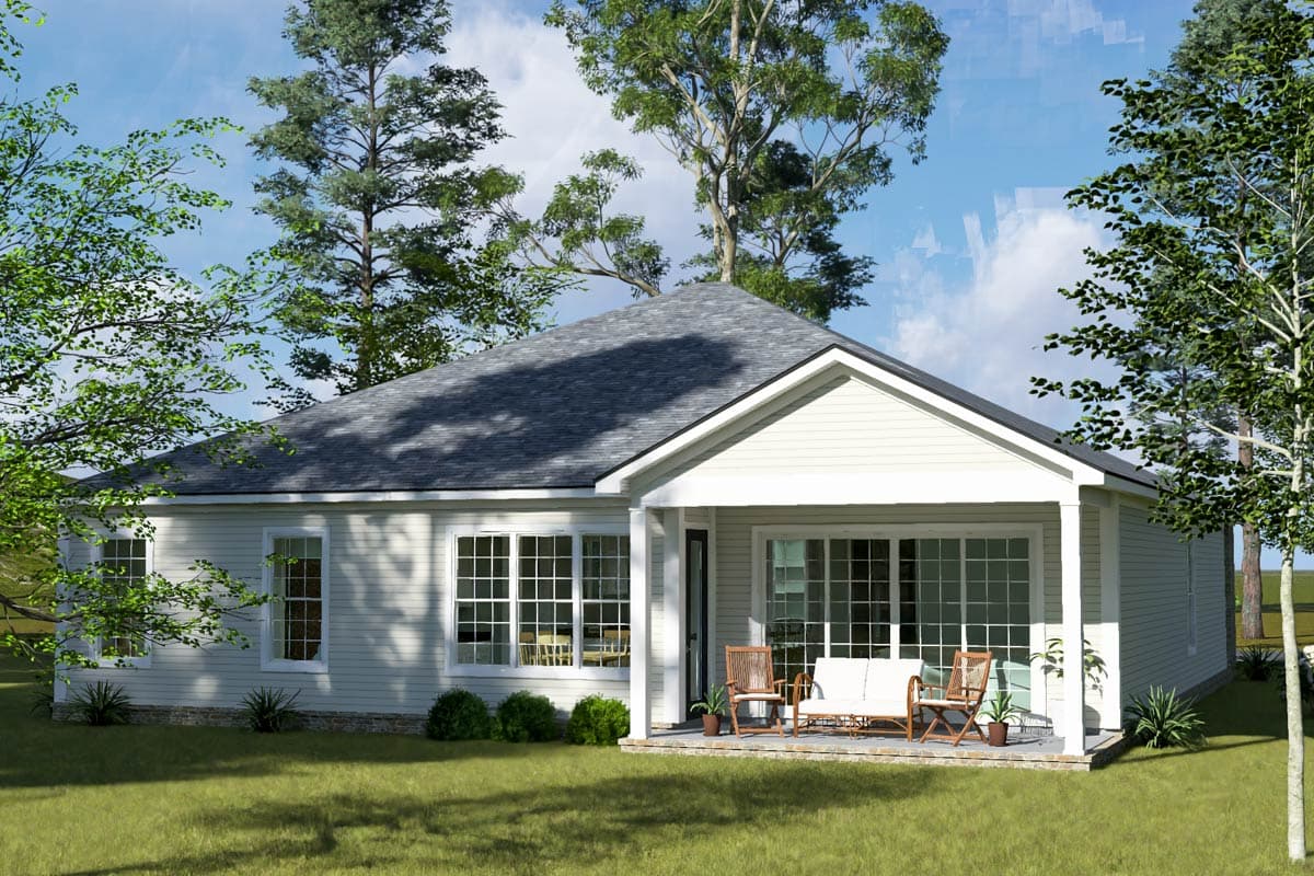 House plan exterior rendering of a one-story home with a covered porch, gable roof, and large windows.