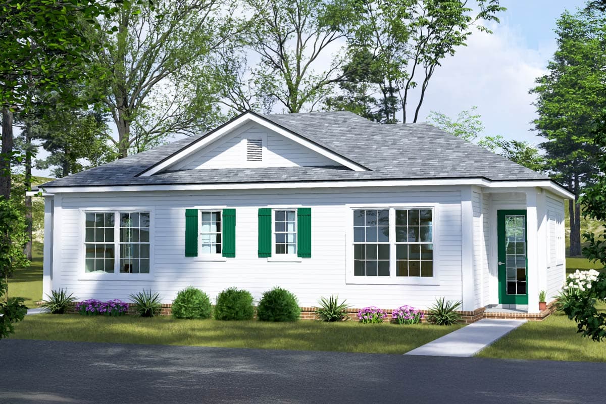 House plan exterior. One-story Ranch style home with gable roof, shutters, and a covered entry. Features symmetrical window placement.