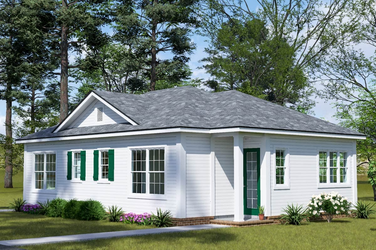 House plan exterior rendering of a one-story ranch style home with a prominent gable end, white lap siding, and green shutters.
