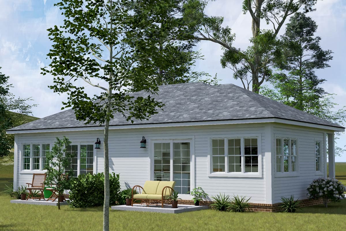House plan exterior, single-story modern farmhouse with white siding, prominent gable, and multiple windows.