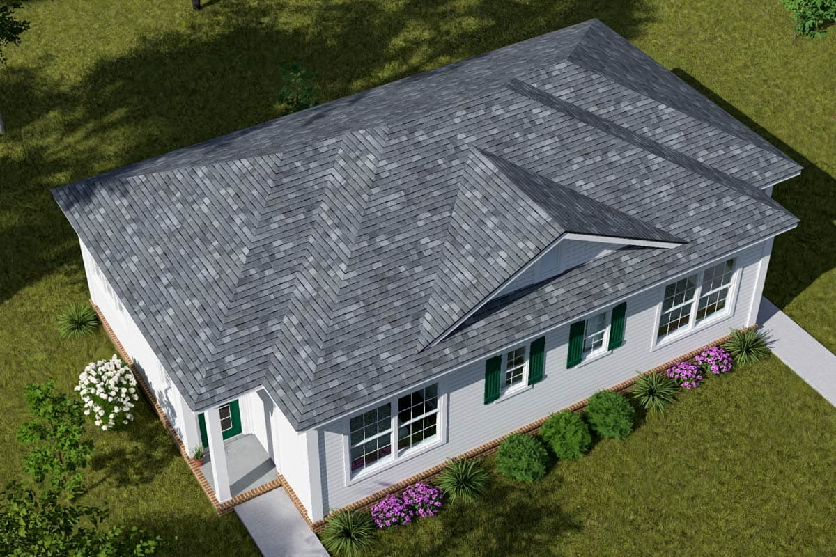 House plan exterior: one-story ranch with a prominent front porch, multiple gables, and white siding.