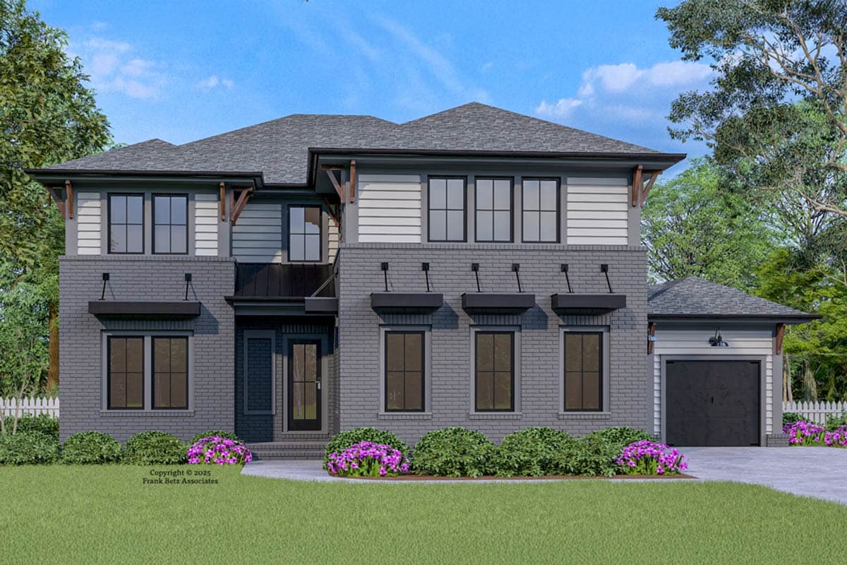 House plan exterior. Two-story home with a brick facade, gable roof, and attached garage. Includes decorative wood brackets.