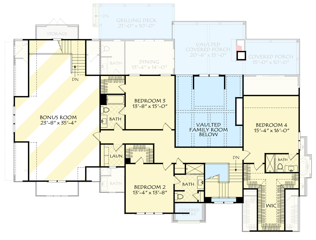 Plan 710447BTZ: Transitional Modern Farmhouse House Plan with Two-Story Great Room - Floor Plan - Upper Level with Optional Finished Bonus Room - Modern Farmhouse, Southern Traditional, Traditional, Transitional